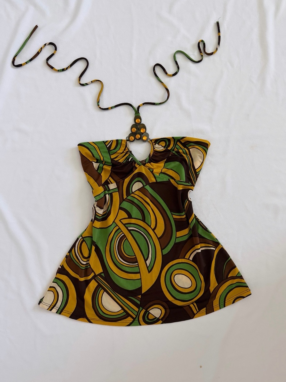 Vintage Green Brown Yellow Psychedelic Halter Top Beaded